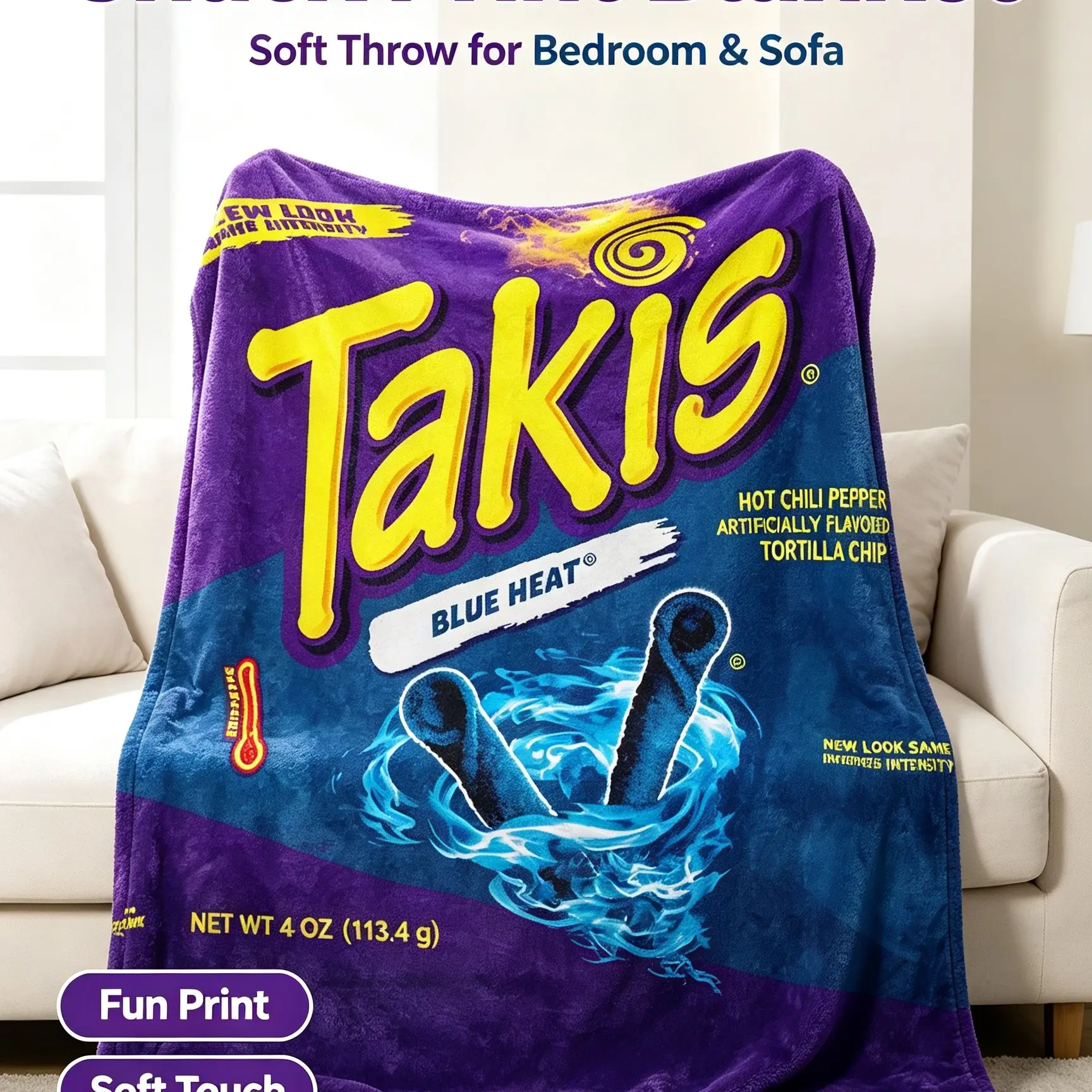 Takis Blue Heat Snack Bag Digital Print Thick Ultra-Fine Flannel Blanket, Soft Skin-Friendly, No Shedding, Sofa Bedroom Cover, Fun Decorative Rug