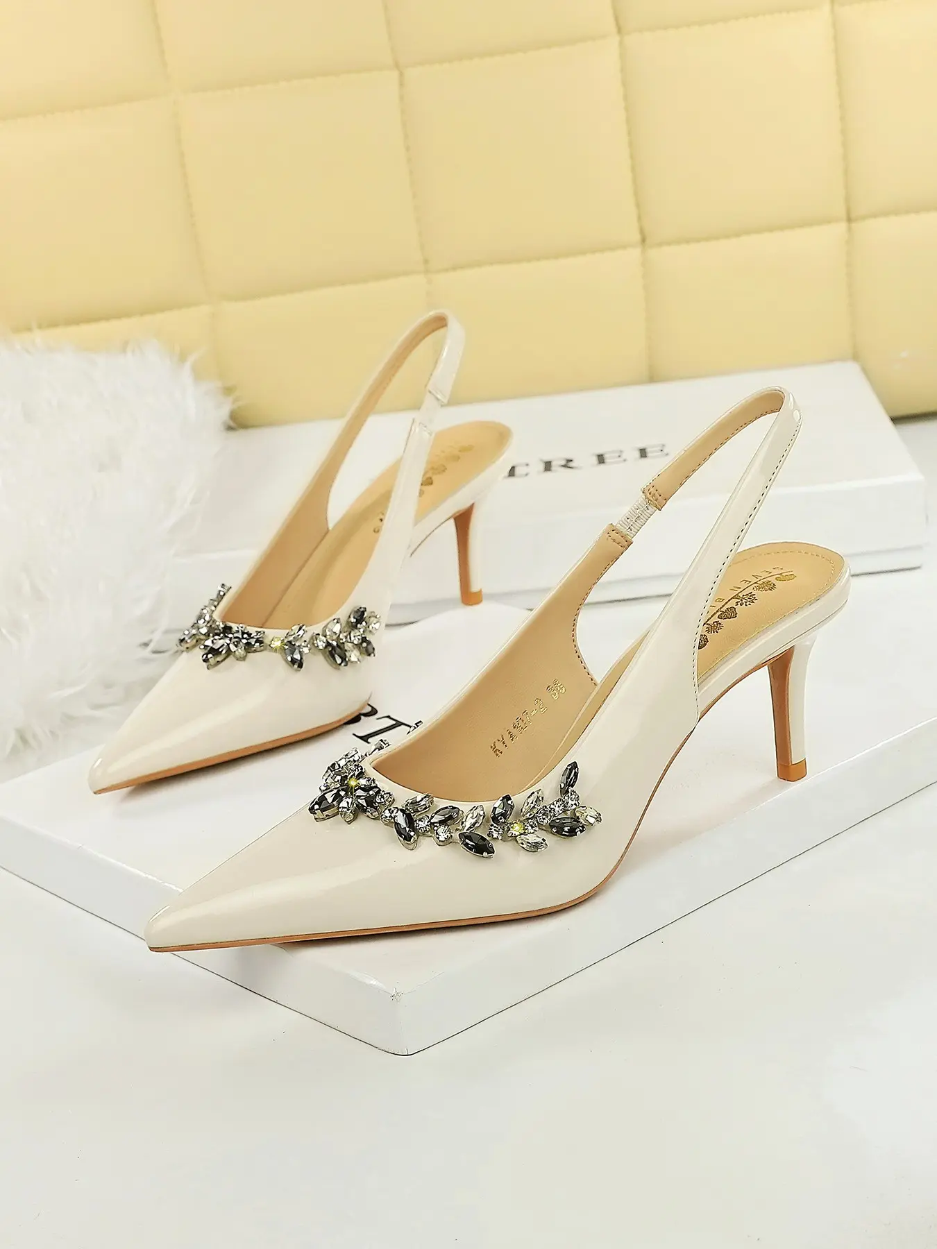 Elegant Glossy Patent Leather Pointed Toe Backless High Heels for Women, Stiletto Heels with Thin Ankle Strap and Dazzling Water Diamond Embellishment, Available in, Wine, and Ivory for All Seasons, Perfect for Work, Dating, and Evening Events