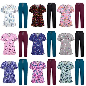 Floral V-neck elastic quick-dry workwear set nurse uniform for pediatric clinics, scrub suits for men and women in various patterns