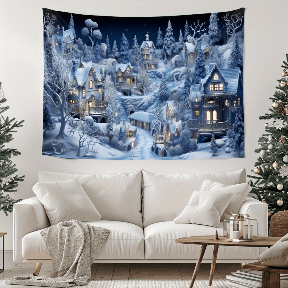 3D Christmas Town Snow Scene Tapestry, Winter Wonderland Background Decoration, Best Choice New Year Decorations in the Living Room D