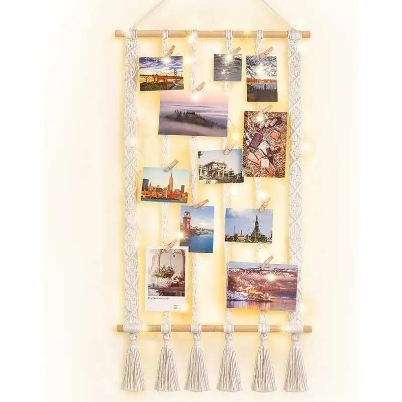 Macrame Wall Hanging Photo Display with 30 Clips & String Lights |   Holds Pictures & Postcards, Detachable Design, 6 Braided Cotton Ropes, Wooden Sticks, Boho Dorm Bedroom Decor, Teen Girl Gift