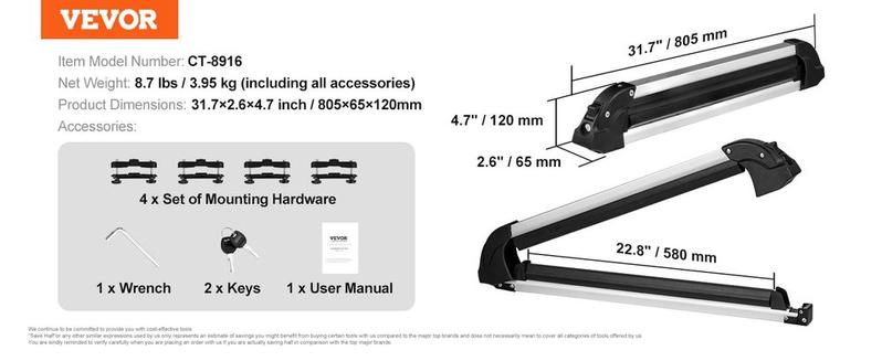 VEVOR Ski Snowboard Roof Rack 31.7" Universal Ski Rack for Car Roof with Lock