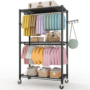 Heavy Duty 3-Tier Rolling Clothes Rack - 730 lbs Capacity - Double Hanging Rods - Adjustable Metal Garment Organizer with Shelves & Side Hooks - Freestanding Portable Wardrobe Rack