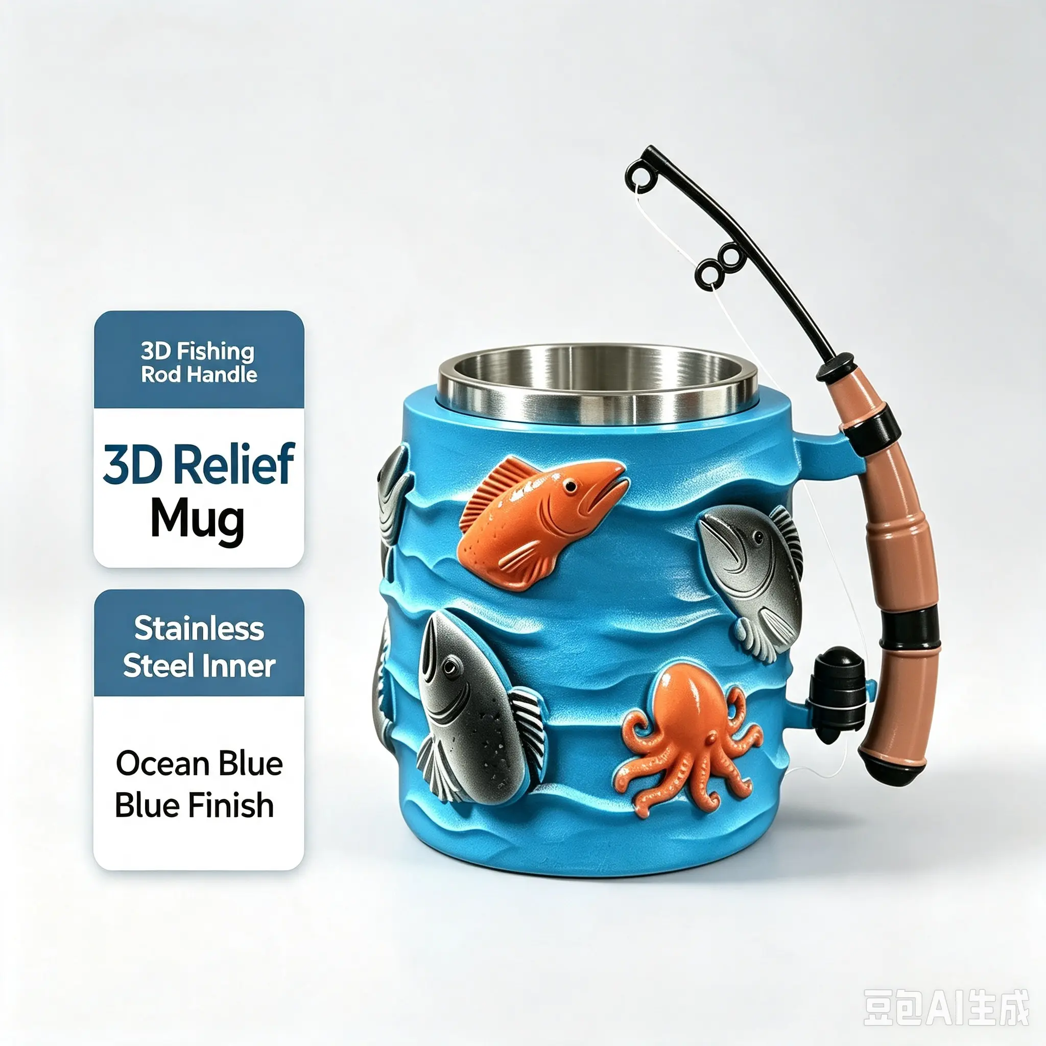 3D Fish & Octopus Relief Mug - Stainless Steel Inner Ocean-Themed Cup with Fishing-Rod Handle, Novelty Drinkware Gift for Fishermen Right-Handed Porcelain Handwarmer dancing moto mug Drinkware Drinkware Tumbler Washable Color Trick or tazas de vidrio