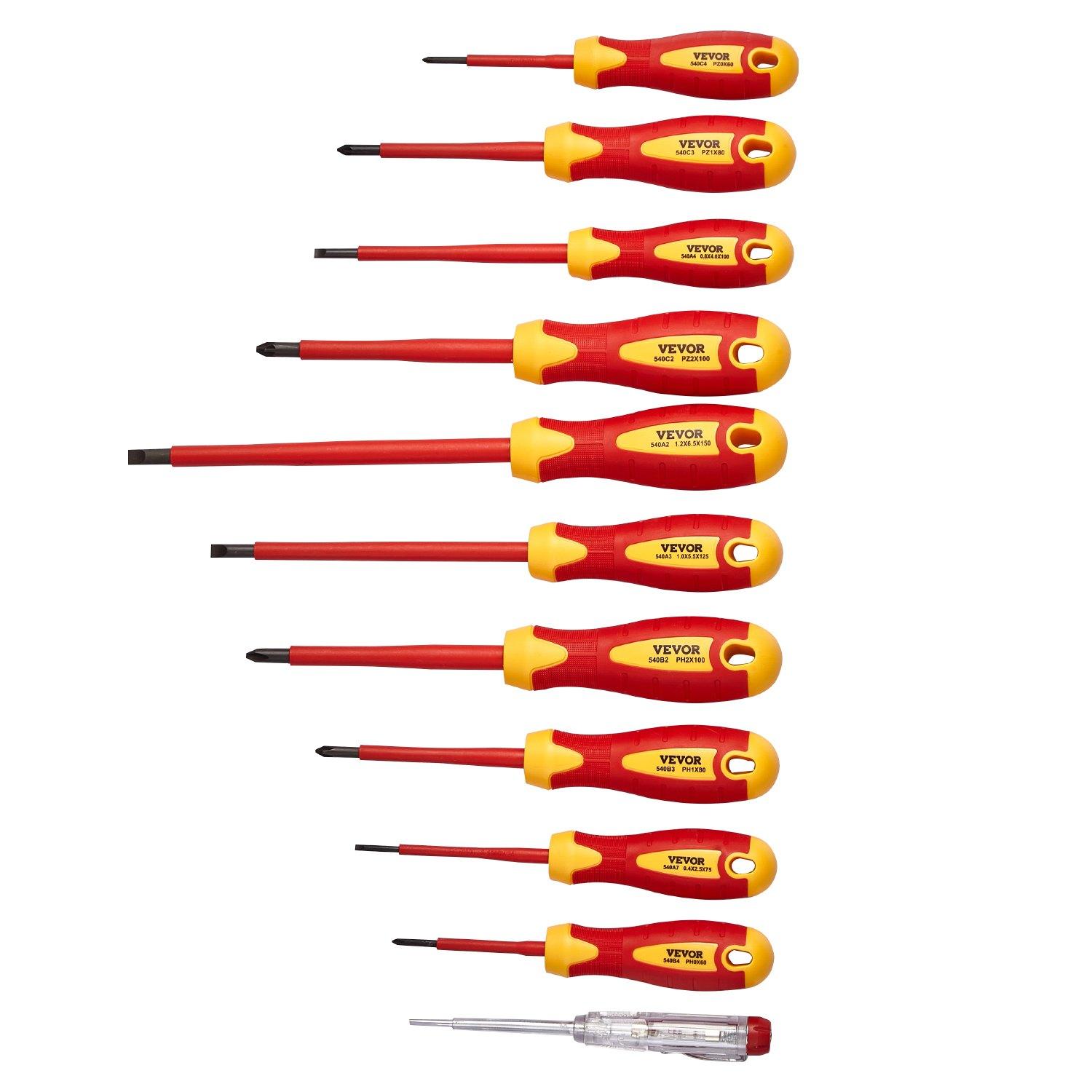 VEVOR Insulated Screwdriver Set, 11-Piece Professional Electrical Screwdriver Set, 1000V Insulated Electrician Tool Set, with Magnetic Phillips Slotted Pozi Tips, Voltage Tester, for Electricians