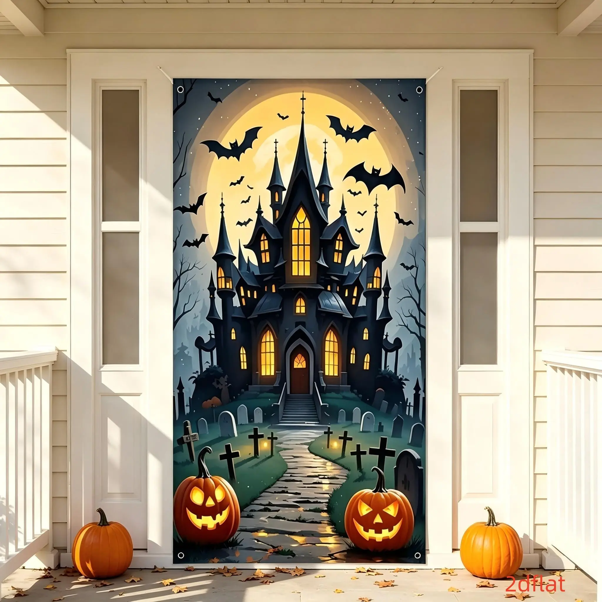 Halloween Party Decorations, Moon Castle Pumpkin Head Door Banner, Bat Graveyard Cartoon Castle Background, Indoor Outdoor Halloween Setup, Backdrops