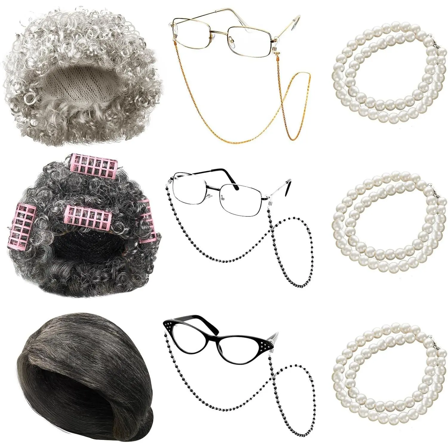 Grandma Wig Old Lady Costume Set with Necklace | Gray Curly Wig, Glasses with Chain, Pearl Necklace, Granny Costume for Women, Halloween Party, Vintage Grandma Accessories(Gift)