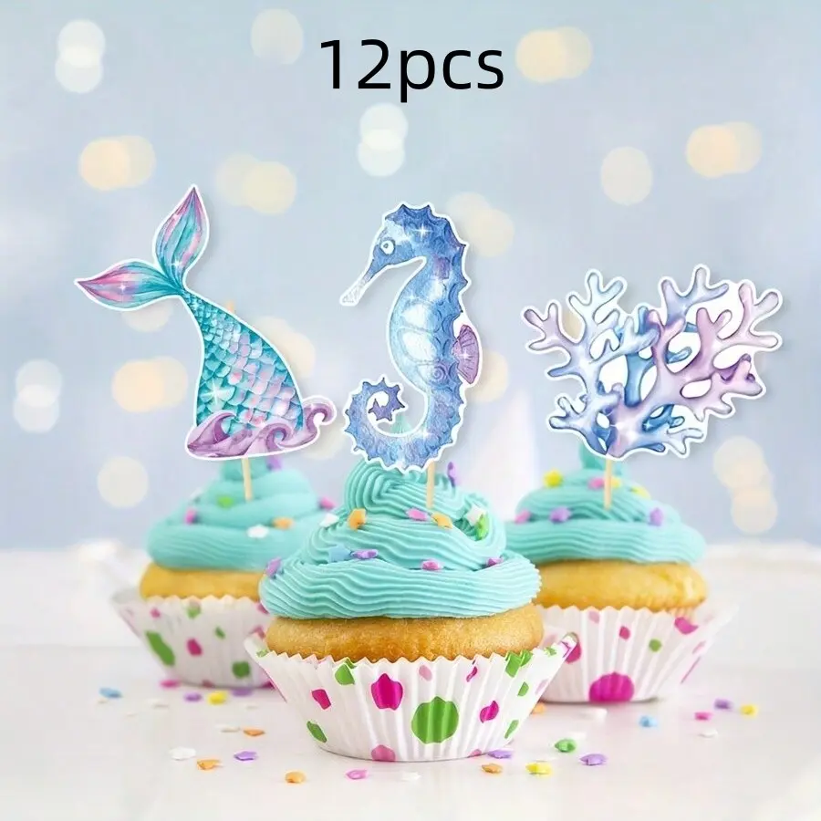Mermaid Birthday Party Cake Decorations, Reusable Mermaid Tail Cupcake Toppers, 12pcs Baking & Party Supplies, Sweet Dessert Topper