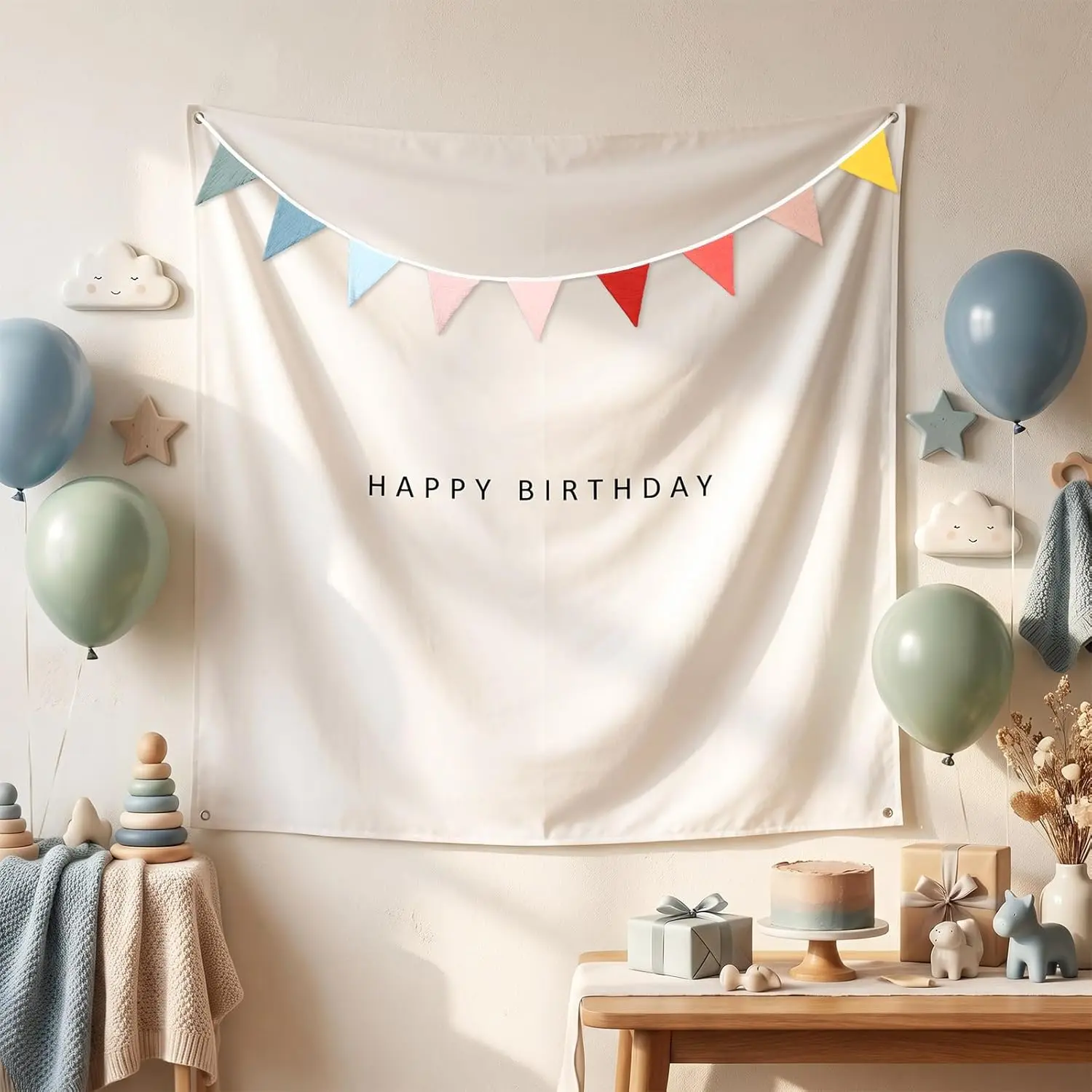 Gilprop Large Simple Bohemian Wrinkle-Resistant Happy Birthday Tapestry Decoration Set, 59.06x59.06in White Machine-Washable Cloth Backdrop with Multicolor Triangle Bunting & Banner, Reusable Customizable Party Wall Decor