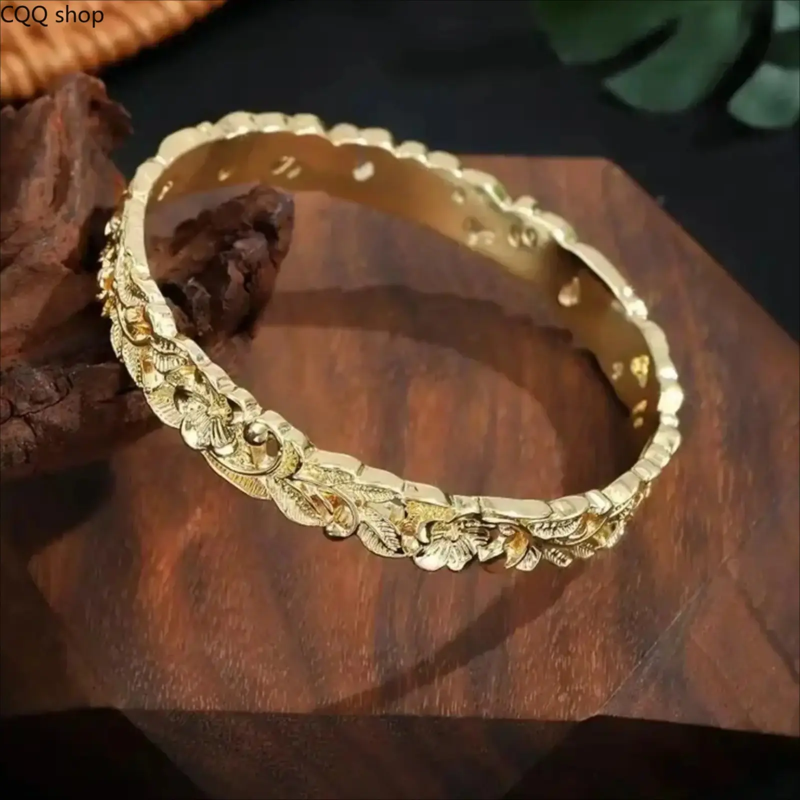 Brand 14K Gold Plated Floral Engraved Bangle Bracelet for Women - Vintage Leaf & Flower Embossed Cuff Bangle, Elegant Statement Jewelry Gift for Bridal, Wedding, Anniversary