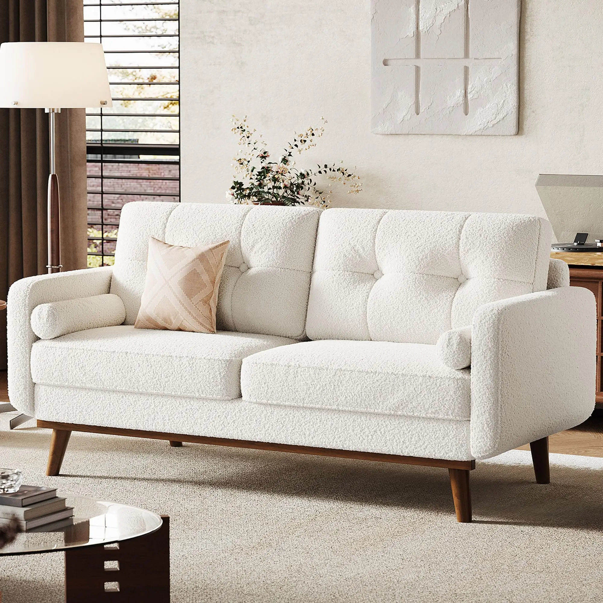 Garvee 65 in Loveseat Sofa, Mid Century Modern Couch Comfy Love Seat Couches for Living Room, 2 Seater Deep Seat Couch Teddy Fleece Boucle Upholstered Couches for Bedroom Office Small Space, Beige