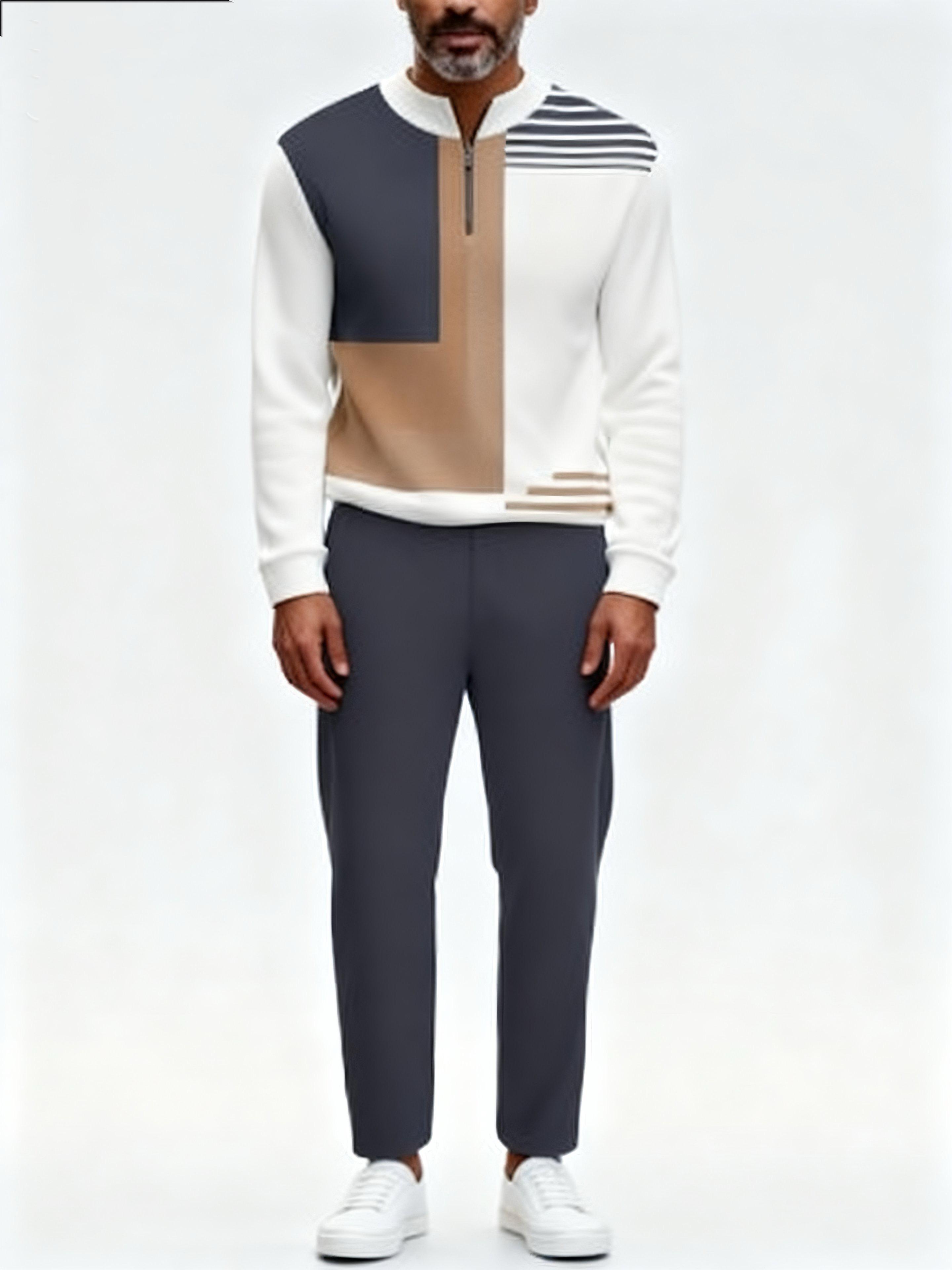 Business casual fashion men's digital printed sportswear set, featuring a street-style patterned digital half-zip sweater + pants, a two-piece men's outfit