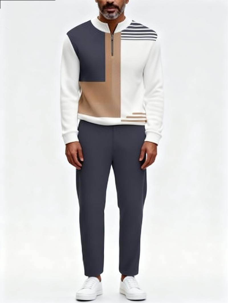 "New European and American men's sportswear set, featuring a half-zipper top paired with matching pants, and a trendy design with a sleeve patch featuring the number 5. The fabric is comfortable, suitable for daily street wear, casual commuting, and effor