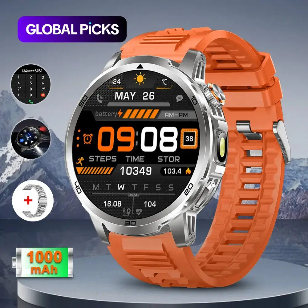 MEVADEN 1.85-Inch Screen Men's Smart Watch, BT, Answer/Make Call Message Reminder, 100+ Sports Modes Fitness Tracker, Sports Tracking Smartwatch, 1000mAh Battery, Outdoor Sports LED Flashlight Smartwatch, Steel Case, Android & iOS Compatible