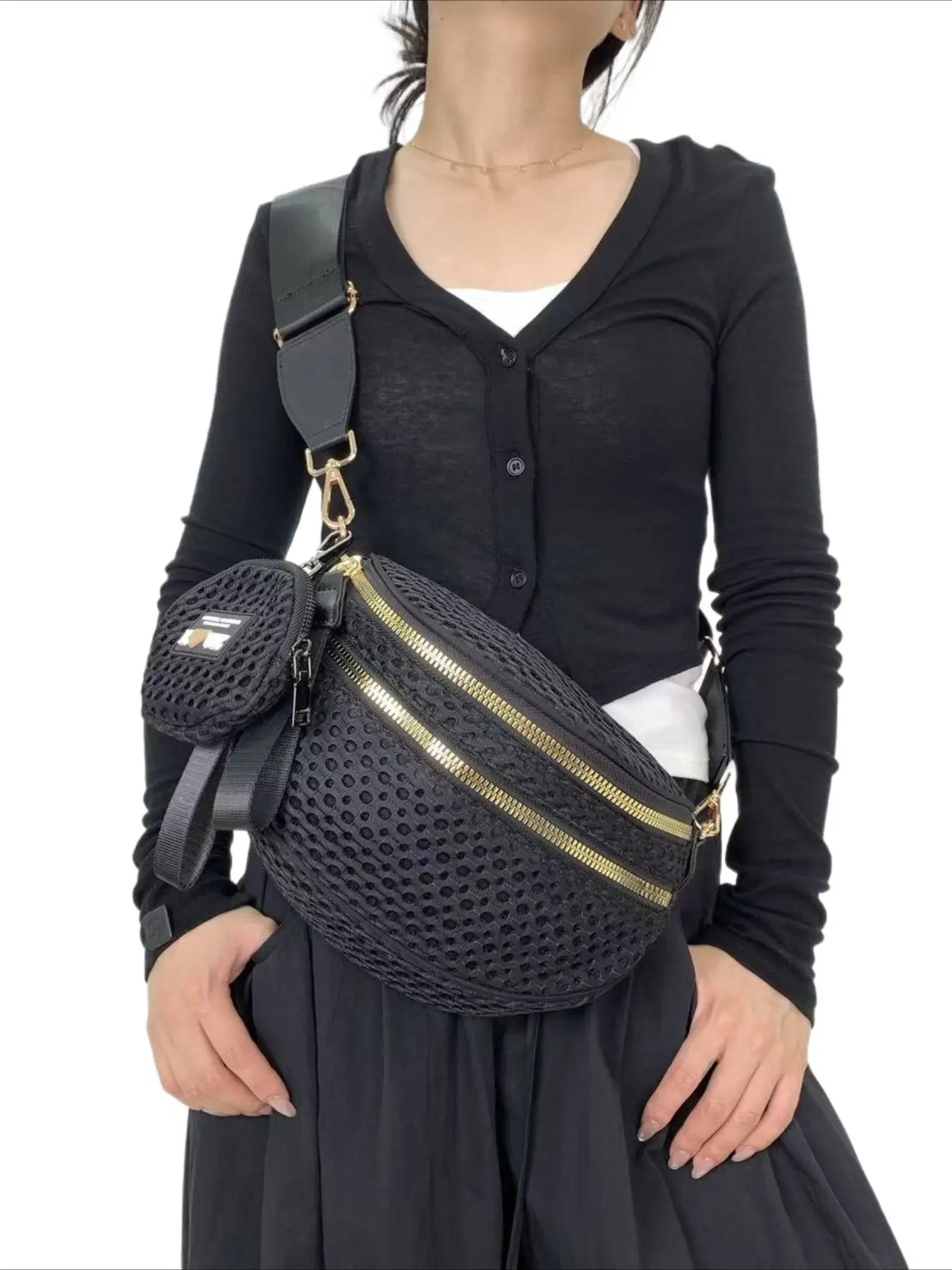 Ladies' fashionable mesh lightweight chest bag, carrying a coin purse, semi-circular casual sports running crossbody bag, multi zipper large capacity daily use portable wide shoulder strap bag, Versatile Bum Bag