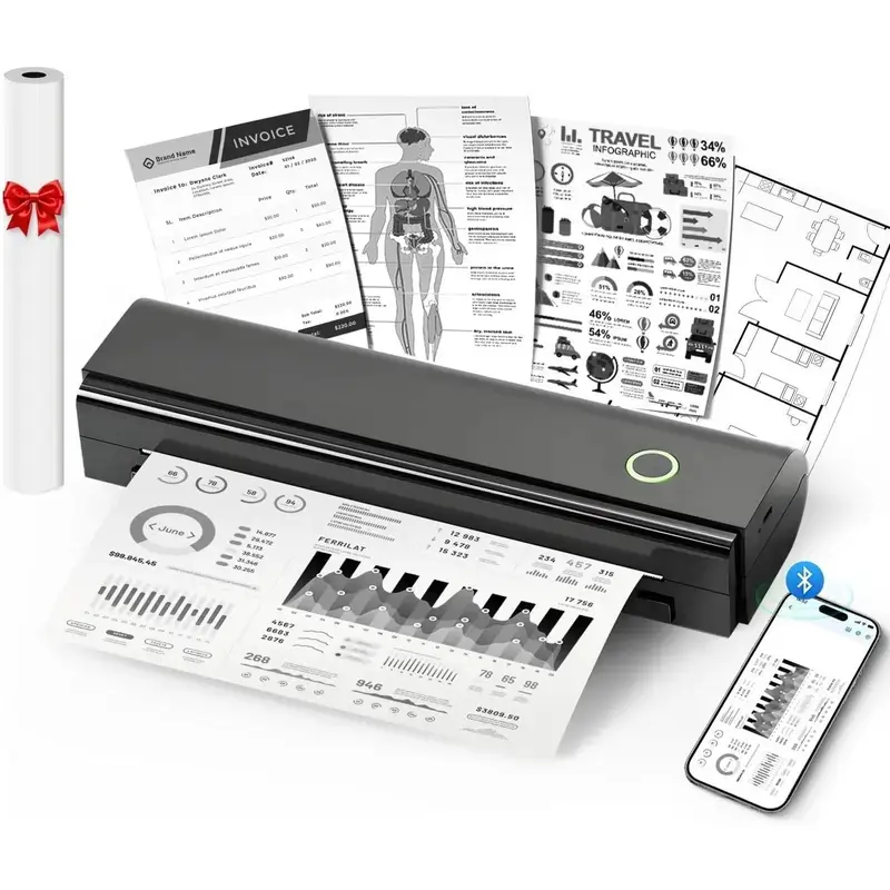 N80 Handheld Inkless Mobile Printer, Portable Wireless Bluetooth Printing Device for Camping & Hiking, Supports 8.5"x11"/A4 Size, Compatible with iOS/Android & Laptops