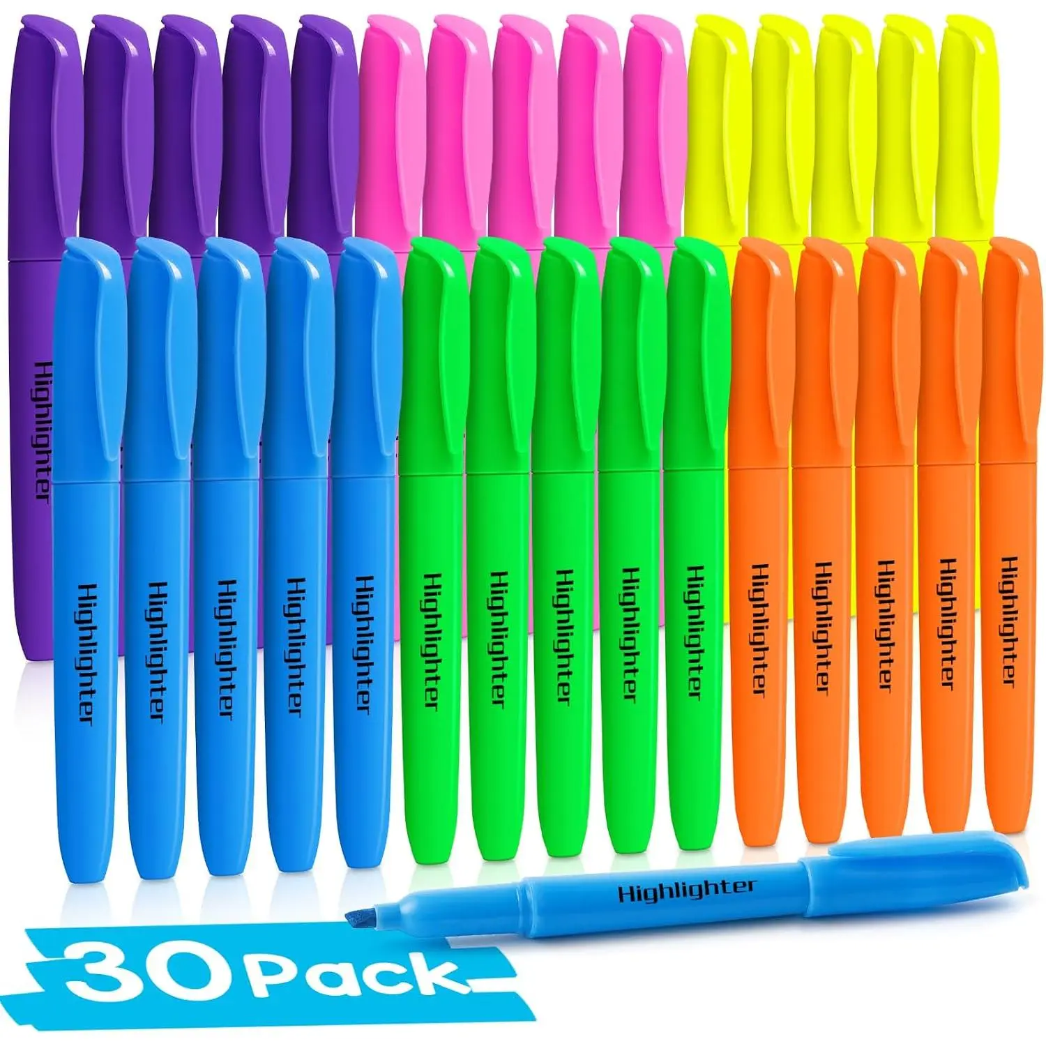 30-Pack Multi-Colors Highlighters Soft Tip Set - 6 Colors, No Bleed, Quick Dry Mark, Odorless Refill, Chisel Tips, Ideal for School/Office Stationery Supplies