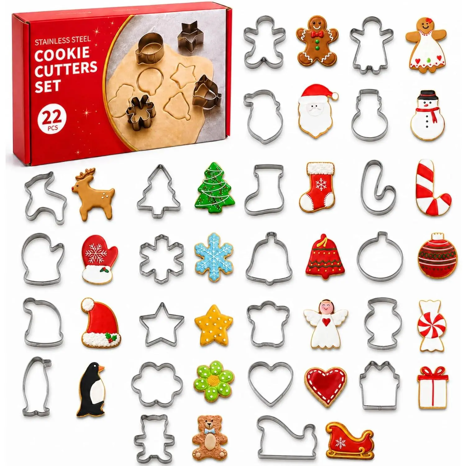 Mini Christmas Cookie Cutters,22PCS Stainless Steel Xmas Cutters | Gingerbread,Tree,Snowflake,Candy Cane,Santa Claus,Snowman,Reindeer,Gloves and …