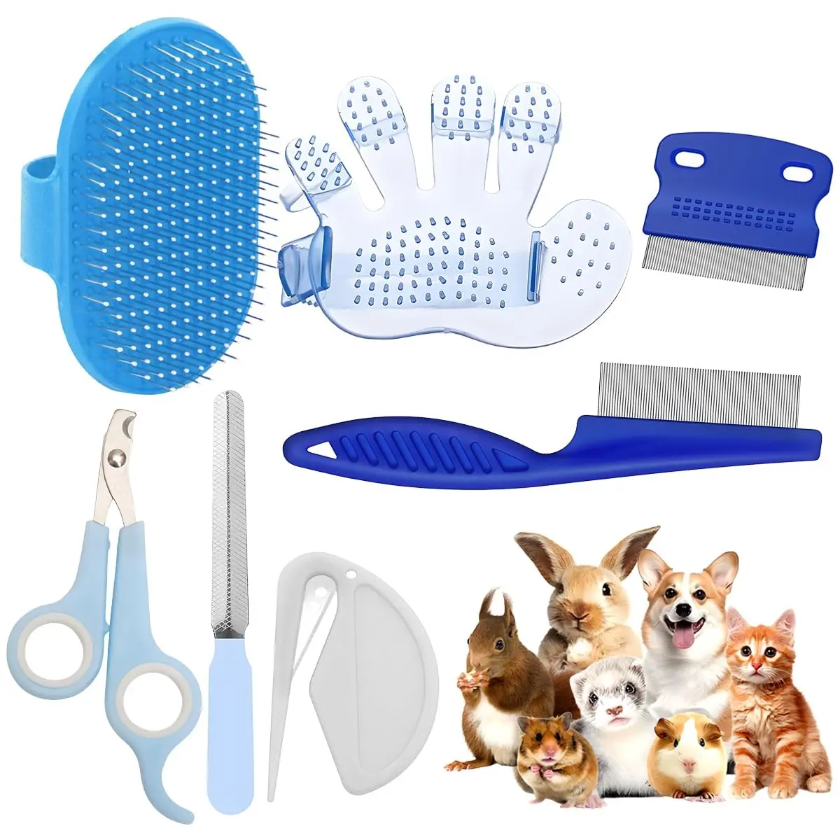 Rabbit Grooming Kit with Shedding Brush, Nail Clippers & Comb - Small Animal Grooming Supplies for Rabbits, Guinea Pigs, Hamsters, Ferrets - Small Pet Shedding & Care (Blue)