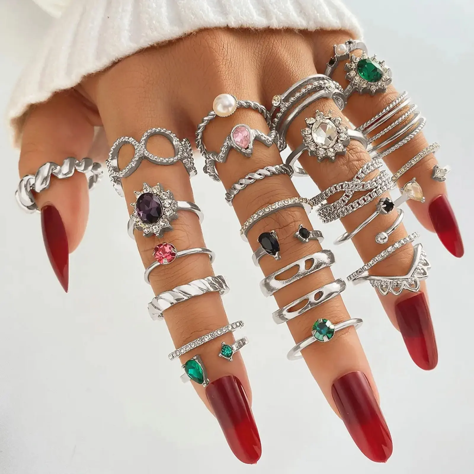 Women's Bohemian Stackable Silver Rings Set, Vintage Crystal Gemstone Knuckle Joint Rings, Chic Boho Statement Jewelry, Trendy Niche Wrist Accessory, Ideal Gift for Party, Outdoor & Daily Outfit Matching tiktokshopbacktoschool