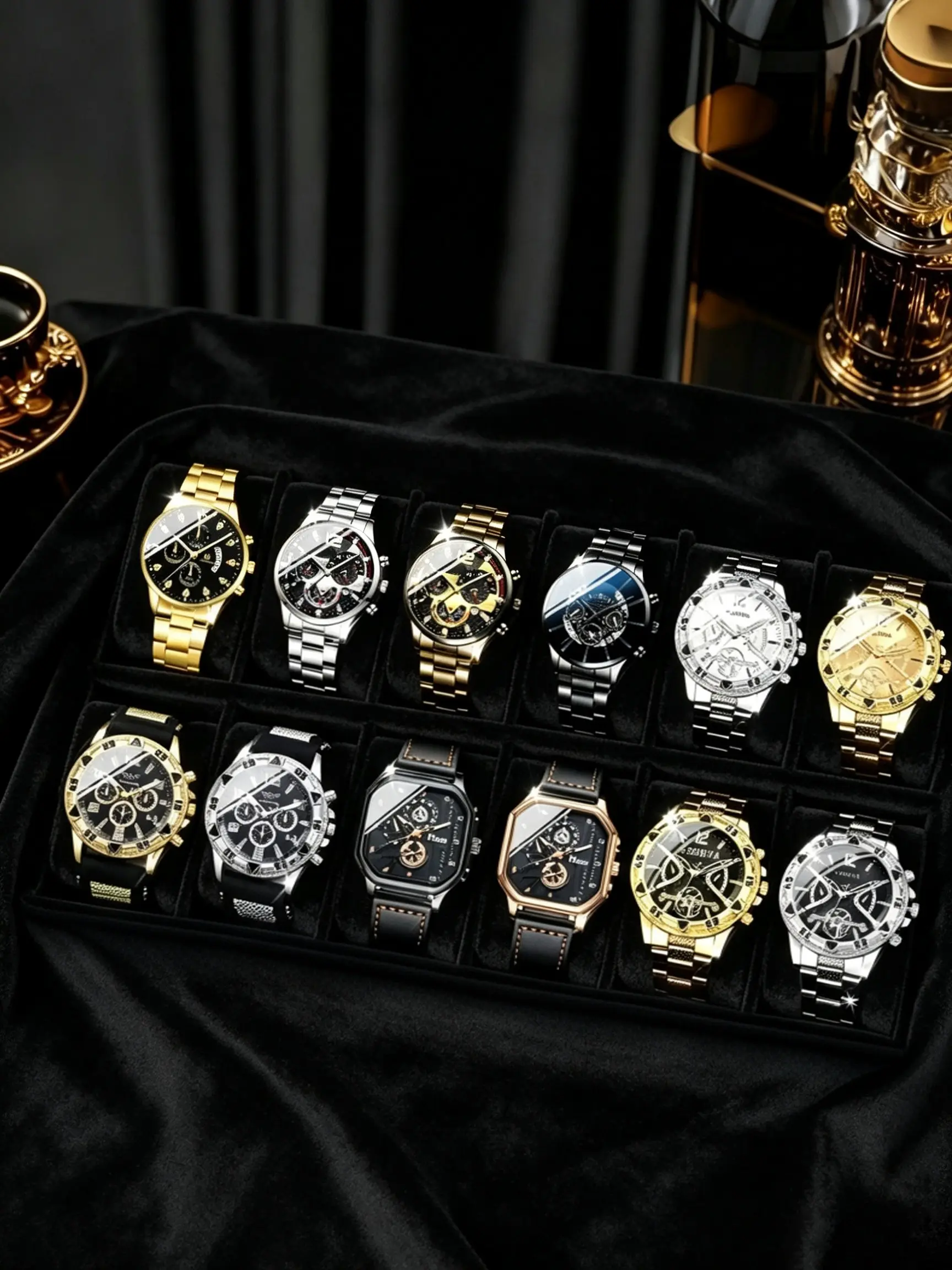12pcs Men's Fashion Quartz Watches, PU Leather + Zinc Alloy + Silicone Strap, Business Sports Casual, Ideal Gift for Him, Analog Quartz Watches