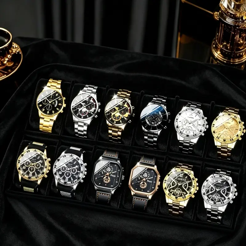 12pcs Men's Fashion Quartz Watches, PU Leather + Zinc Alloy + Silicone Strap, Business Sports Casual, Ideal Gift for Him, Analog Quartz Watches