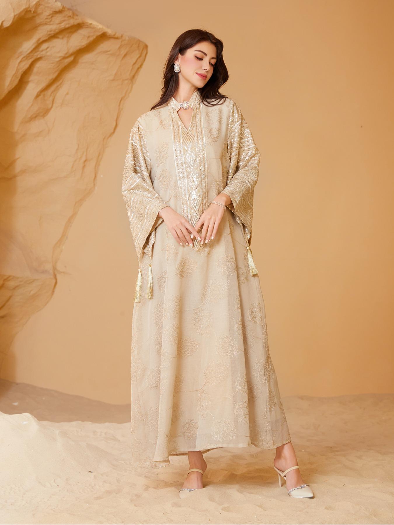 Women's Embroidery Long Sleeve Woven Dress,Elegant Fringe Trim Arabic Clothing for Party Evening Formal Occasions,Ladies Clothes for All Seasons