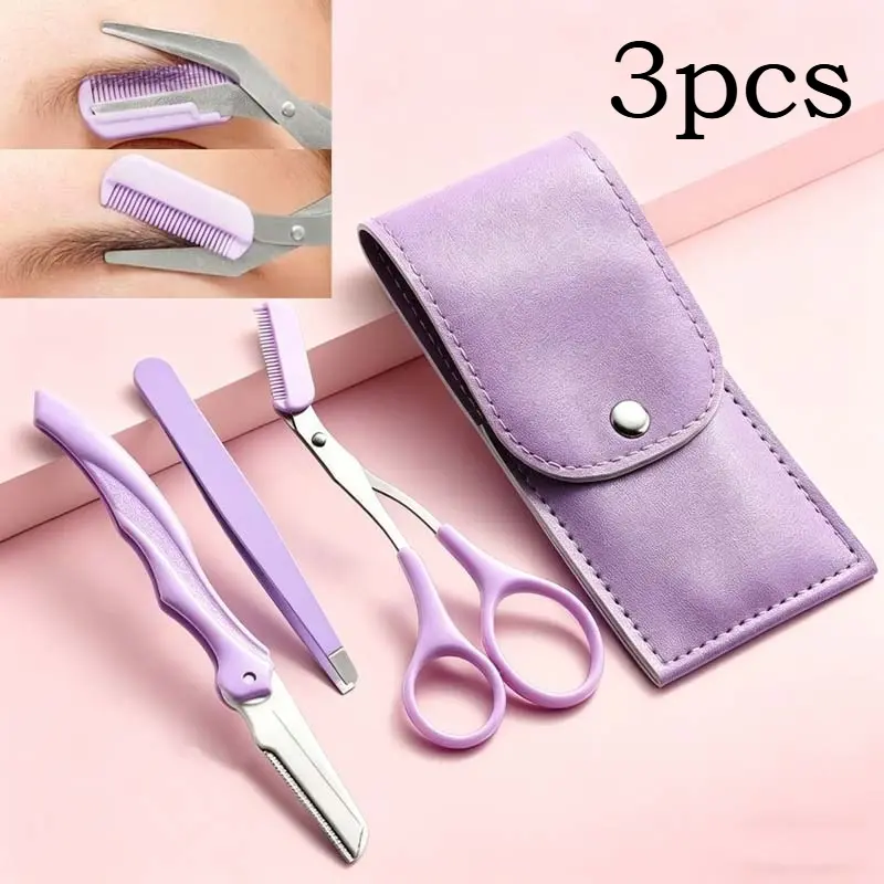 3Pcs Stainless Steel Eyebrow Trimmer Set, Folding Eyebrow Razor with Comb & Tweezers, Professional Makeup Beauty Tools