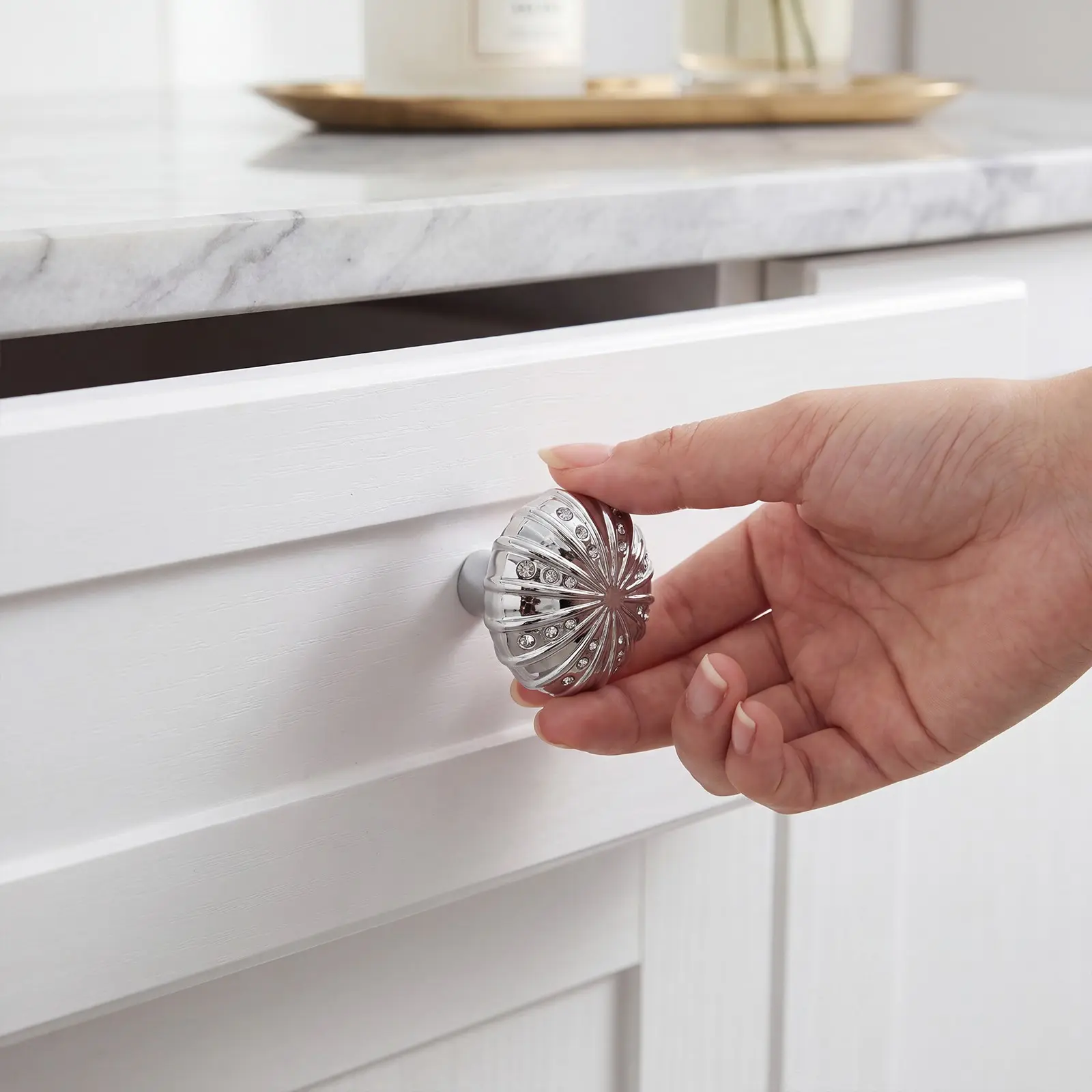 6-Pack Silver Color Rhinestone Pumpkin Cabinet Pulls, Single Hole Drawer Knobs, Luxury Furniture Hardware for Kitchen Bathroom Bedroom