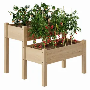 Two-Tier Wooden Raised Garden Bed, 33" x 33" x 29" Elevated Planter Box with Legs - Open Base & 8 Drainage Holes - 352 lbs Capacity - Outdoor Fir Wood Planter for Vegetables, Herbs & Flowers on Patio, Balcony, Backyard