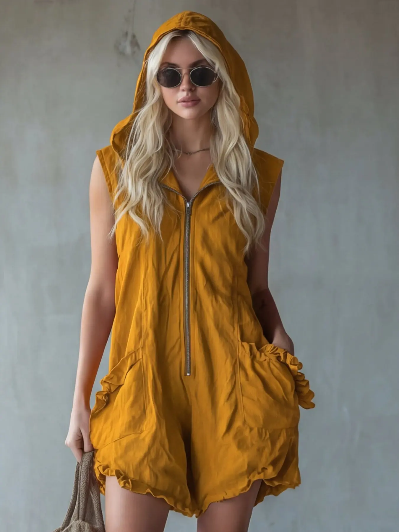 Women's Y2K Style Hooded Sleeveless Overall Romper, Front Zipper Ruffle Pockets, Casual Loose-Fit All-Seasons, Solid Color