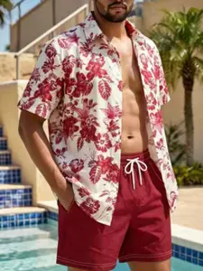 Manufiniti Rsrt Men's Summer Beach Vacation Shirt and Shorts Set, Casual Slim-Fitting Two-Piece, All over Print Design
