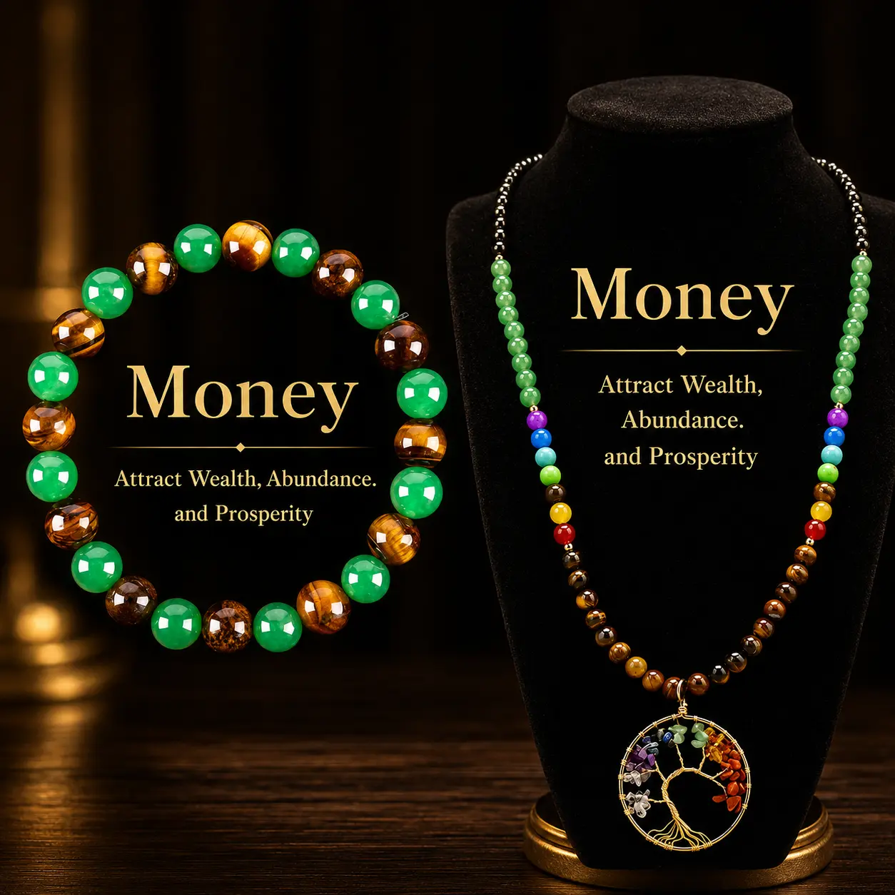 Arpurraina Tree of Life Money Attraction Jewelry Set - 7 Chakra Pendant Necklace, Tiger Eye & Obsidian Money Attraction Bracelet, Metal Coating Crystal Healing Jewelry for Daily Abundance, Protection
