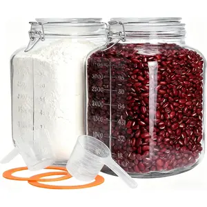 2 Pack 1.1 Gallon Square Super Wide Mouth, Airtight Glass Storage Jars, with Measurement Marks, Leak-Proof Lids for Kitchen Pantry, Canning, Dry Food (Flour, Sugar) & Drinks