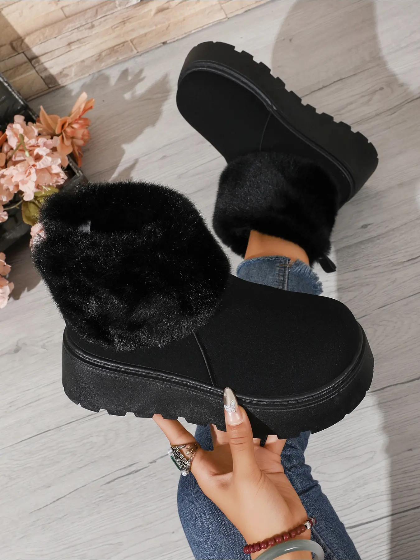 Women's Vintage Fluffy Cuff Platform Snow Ankle Boots, Autumn Winter Heightening Non-Slip Fleece Lined Warm Cotton Short Boots