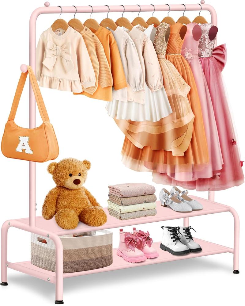 Children's Clothing Rack - Dress Up Storage - Little Girl Dress Up Rack - Small Children's Clothing Wardrobe with 2 Fabric Shelves - Princess Room Bedroom Decoration