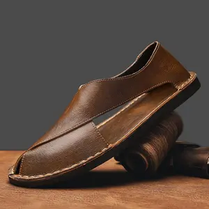 Men's Summer Leather Handmade Sandals, Fashionable Hollow Out Toe Posture Roman Beach Shoes for Men, Comfortable Casual Footwear