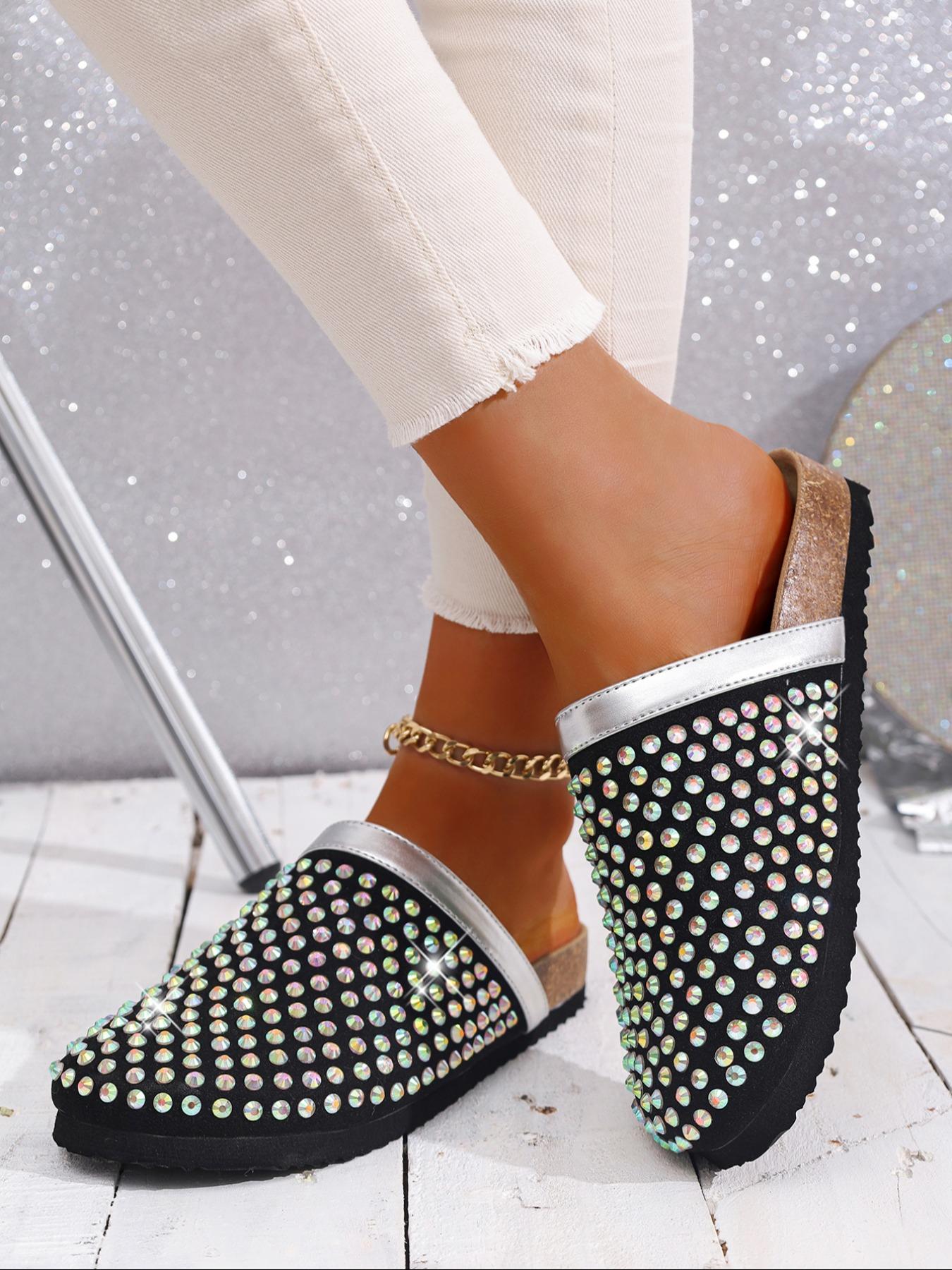 Women's Rhinestone Decorated Slip-On Mules, Anti-Slip Thick Sole, Fashionable Indoor & Outdoor Casual Shoes, Comfortable One-Step Design, Thick Bottom Slippers