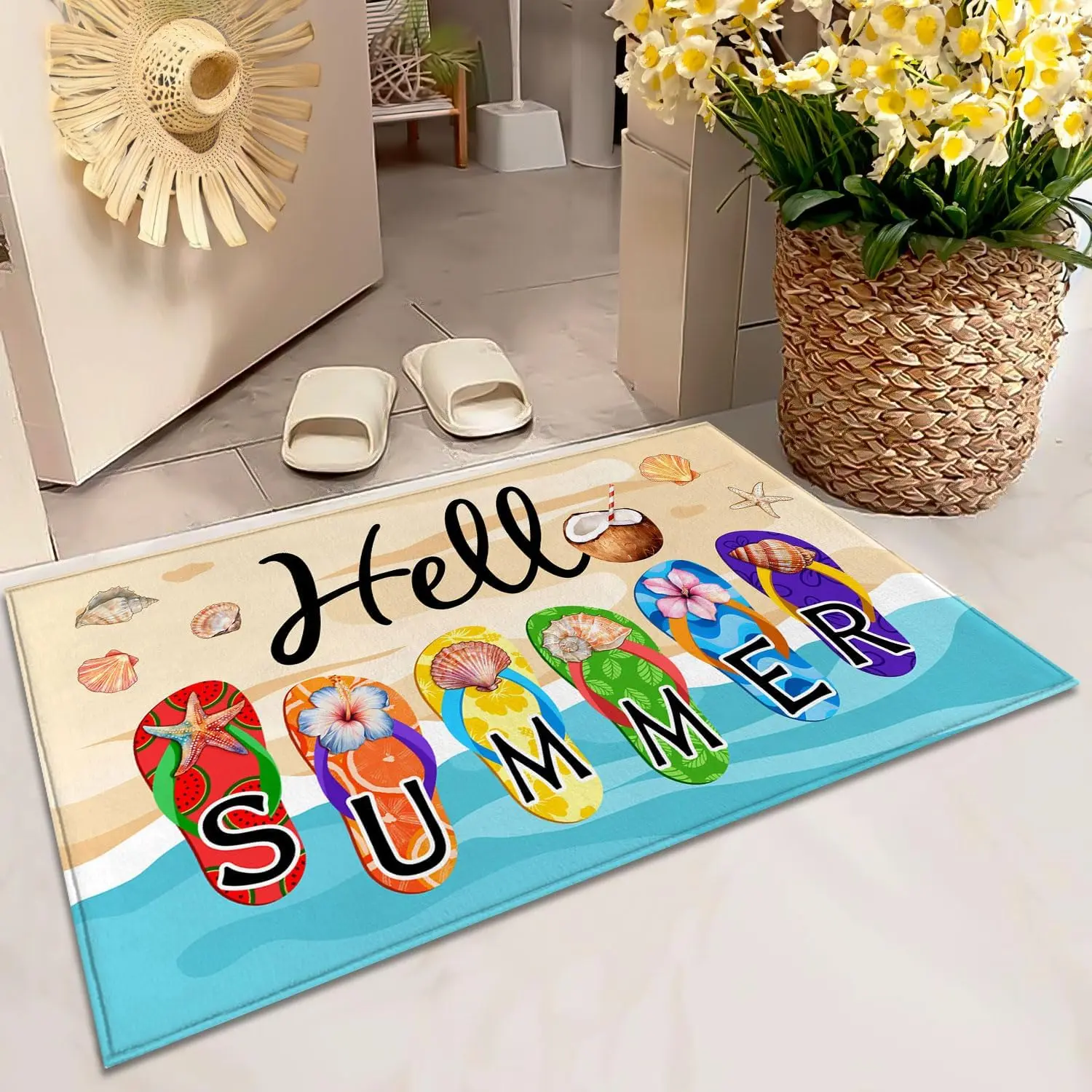 Hello Summer Doormat,Welcome Summer Flip Flops Decorative Door Mat,Non-Slip Rubber Backing Floor Mat Washable Seasonal Front Door Mat for Porch Decor
