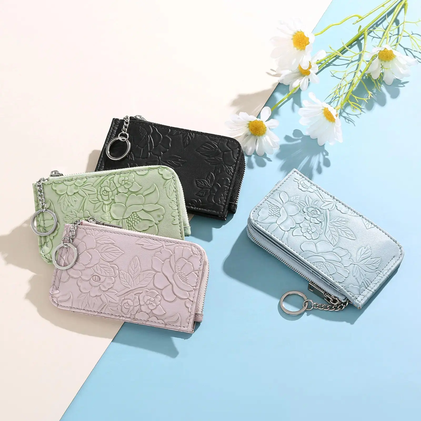 Card Organizer Wallet for Women, Embossed Print PU Leather Slim Coin Purse with Multi Slots and Key Ring for Travel & Daily Use, Portable