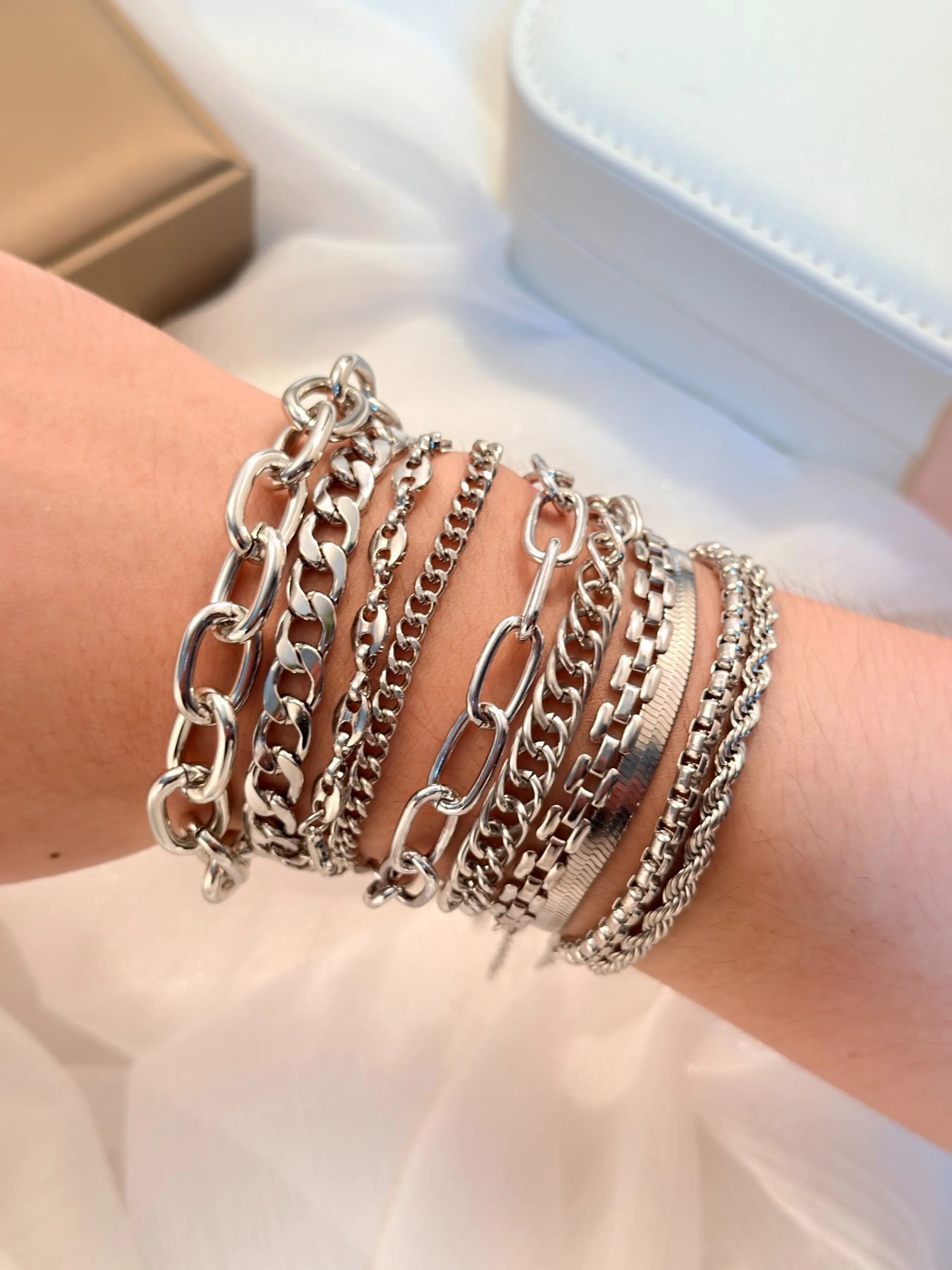 Cold Tone Silver Multi-Layer Cuban Chain Bracelet Set, Unique Stackable Hip Hop Jewelry, Trendy Accessory for Men and Women