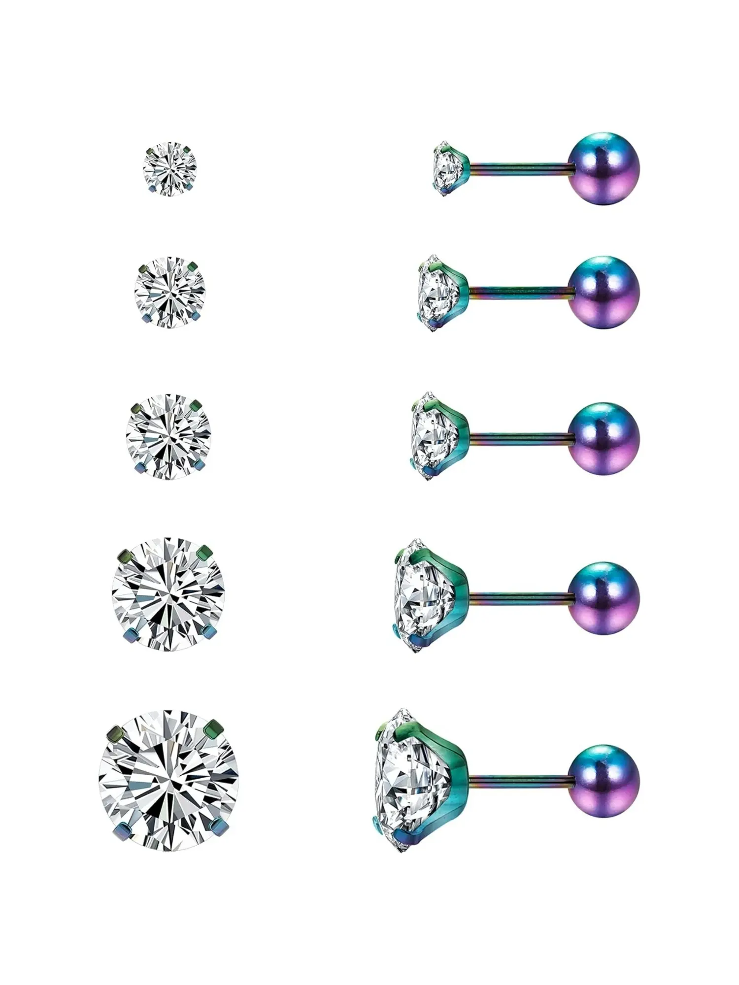 5 Pairs Unisex Stackable Screw‑Back Stud Earring Set Stainless Steel Piercings for Long‑term Daily Usage Gradually‑sized Round Four‑prong Zirconia Studs Multi‑piece Layered Collocation Earlobe Helix Tragus Conch Piercing for Daily Commuting