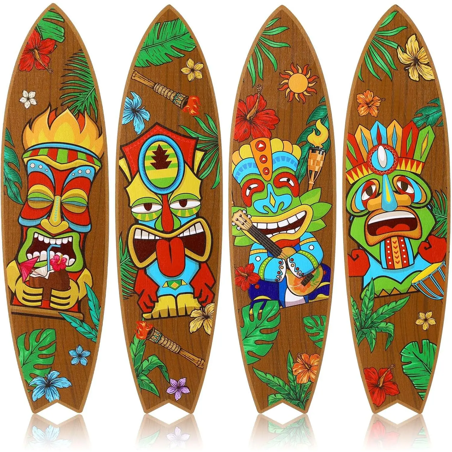 4-Pcs Colorful Hangable Wooden Tiki Surfboard Wall Decor Sign, Space-Saving Display, Hawaiian Themed Pet-Friendly Home & Bar Gift, Summer Party Hanging Decoration