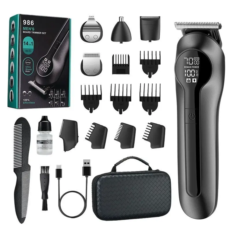 14-in-1 All Purpose Men Grooming Kit | Cordless LCD Hair Clipper & Multi Trimmer for Beard, Nose, Ear & Body Hair, Perfect Self Hair Cut Tool for Men, Barbers, Dads & Husbands, Great Holiday Gift for Guys