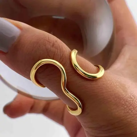 Fashion Irregular‑Line Wavy‑Band Stainless Steel Open Ring, Women's Geometric Ring, Versatile for Daily Commute, Stylish Jewelry Accessory, Fashion Rings