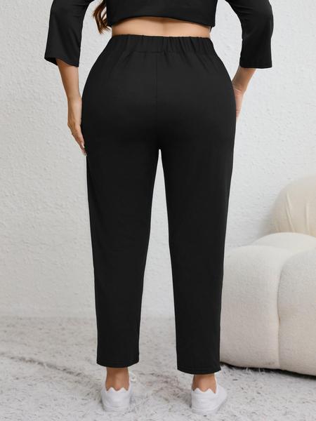 Plus Size Solid Plicated Pocket Elastic Waist Joggers, Casual Sporty High Waist Trousers for Women, Women's Sportswear for Indoor Outdoor Wear Plus Size Solid Plicated Pocket Elastic Waist Joggers, Casual Sporty High Waist Trousers for Women, Women's Sportswear for Indoor Outdoor Wear