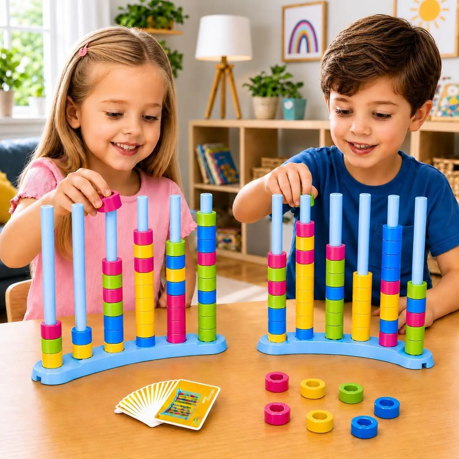 Fun and Colorful Sorting Challenge – Fast Pattern Color Sorting & Stacking Toys, Fun Family Board Game for Kids & Adults, Tower Stack Game, Includes 2 Stack Racks, 50 Challenge Cards, 80 Rings & Instructions