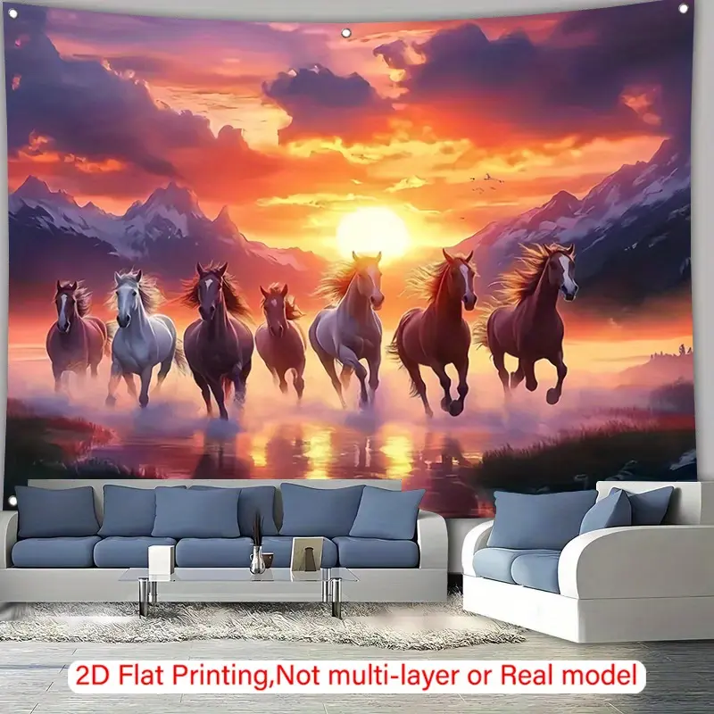 2D Flat Printing Self-Adhesive Mural Wallpaper - Galloping Horse Sunset Lake Mountain Horse Scene Design, Easy Peel-Stick Home Decor for Living Room, Housewarming Gift for Anniversary, Ceremony