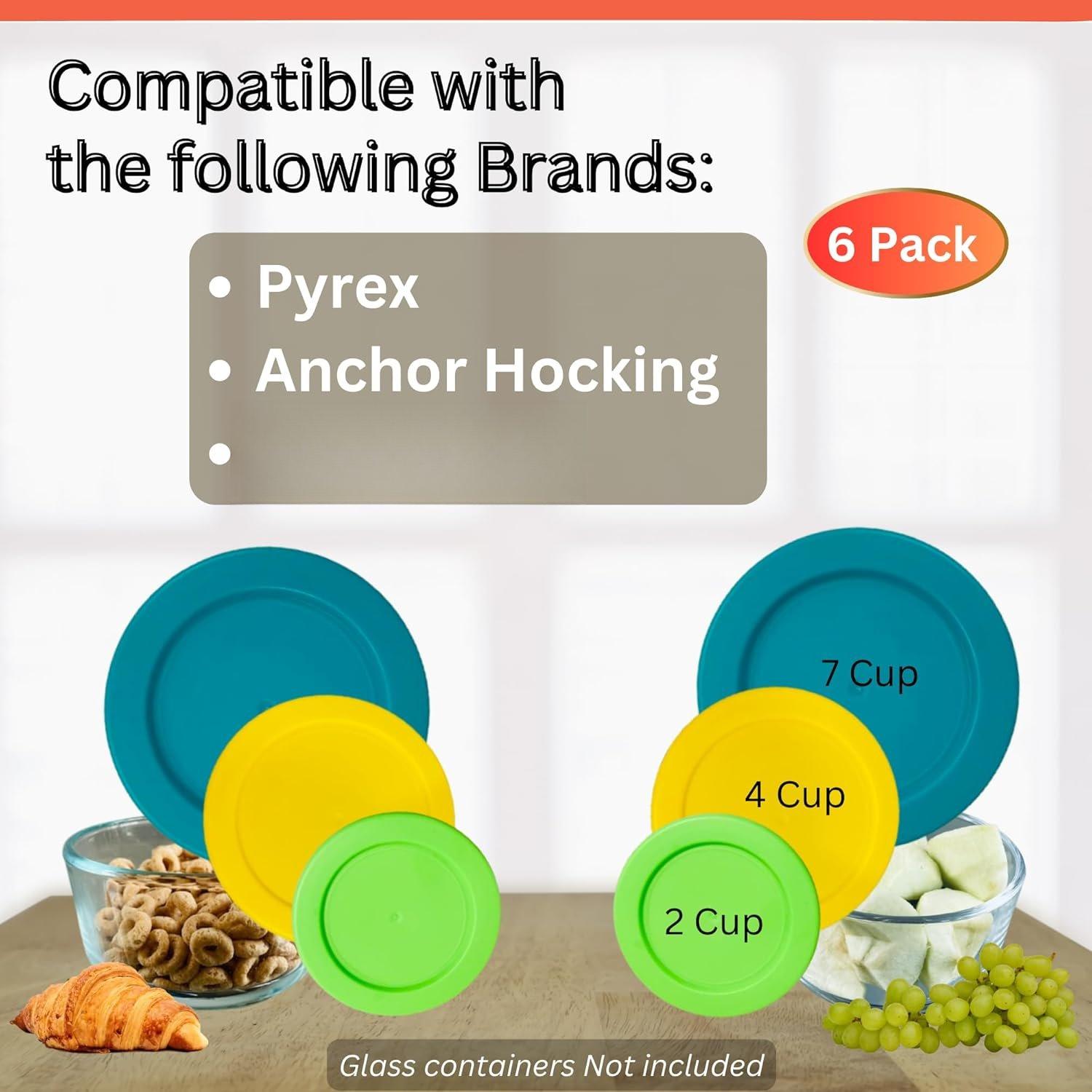 2, 4 & 7 Cup Replacement Lids/Covers for Pyrex, Anchor Hocking & Storage Bowls *Lids Only - Glass Container Not Included* (6 Pack *Two of Each Size*, Spring Green, Yellow, Turq) 2, 4 & 7 Cup Replacement Lids/Covers for Pyrex, Anchor Hocking & Storage Bowls *Lids Only - Glass Container Not Included* (6 Pack *Two of Each Size*, Spring Green, Yellow, Turq)