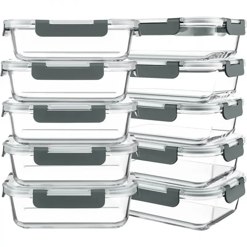 10-Pack 30 oz Durable Glass Meal Prep Containers with Airtight Gray Lids, Easy Meal Prepping Bento Lunch Boxes for Gym & Family Helper, Microwave-Freezer-Dishwasher Safe Home Storage Organizers, Easy Meal Prep, Leak-Proof-Lj